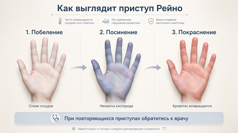 Как выглядит приступ Рейно: побледнение, посинение, покраснение