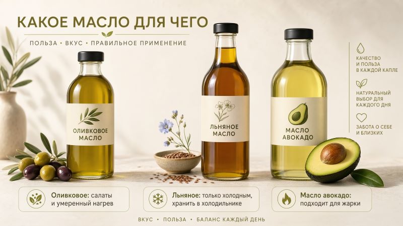 Оливковое, льняное масло и масло авокадо — полезные жиры