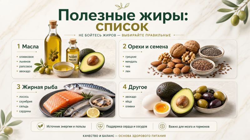 Список полезных жиров: масла, орехи, рыба, авокадо и яйца