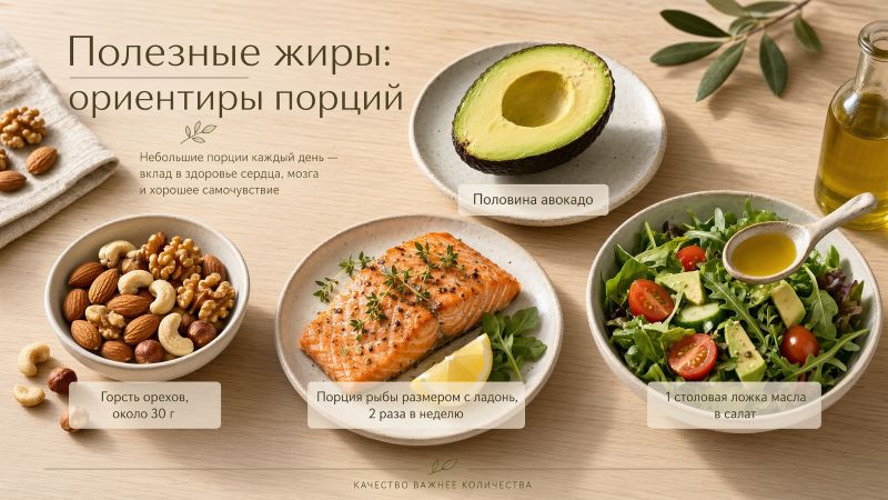 Ориентиры порций полезных жиров: орехи, рыба, авокадо, масло