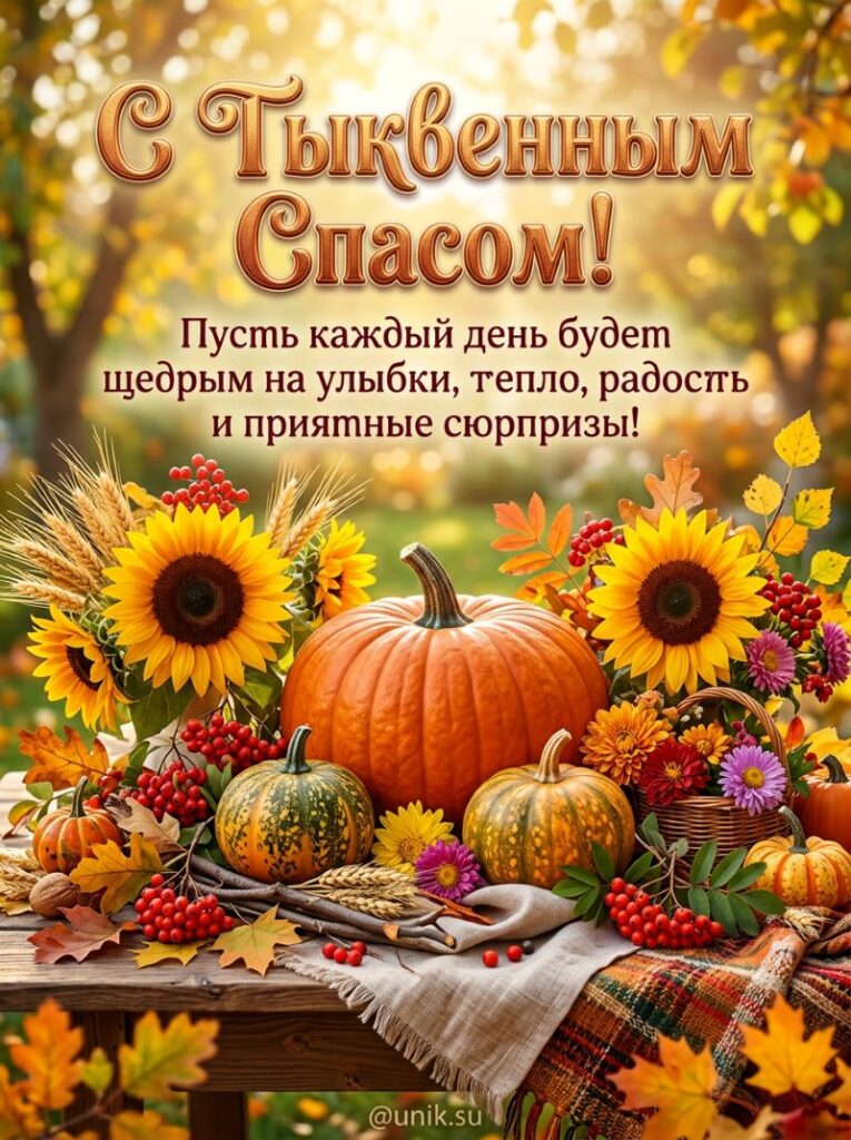 С Тыквенным Спасом! Открытка с тыквами, подсолнухами и рябиной