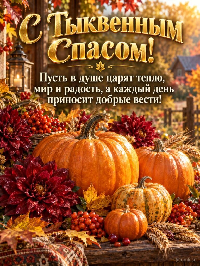 С Тыквенным Спасом! Открытка с тыквами, астрами и рябиной