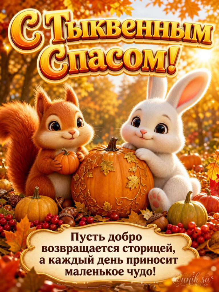 С Тыквенным Спасом! Открытка с белкой и зайцем у тыквы