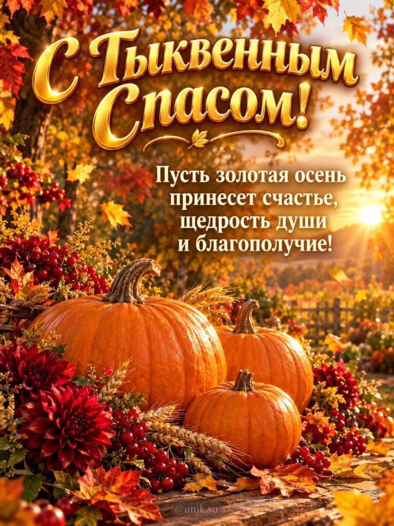 С Тыквенным Спасом! Открытка с тыквами, астрами и закатом