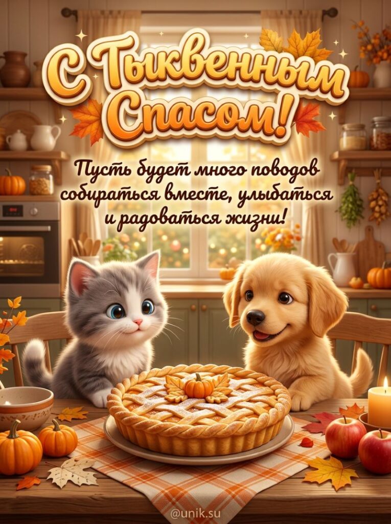 С Тыквенным Спасом! Открытка с котенком, щенком и пирогом