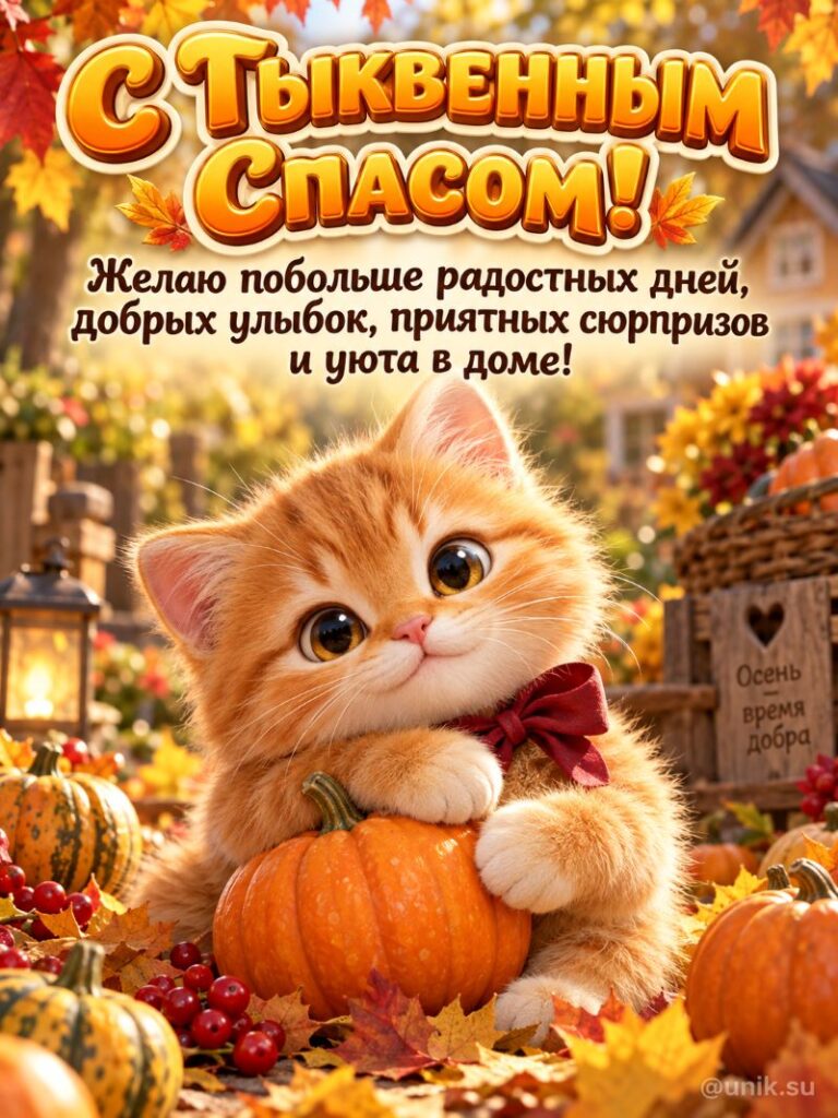 С Тыквенным Спасом! Открытка с рыжим котенком и тыквой